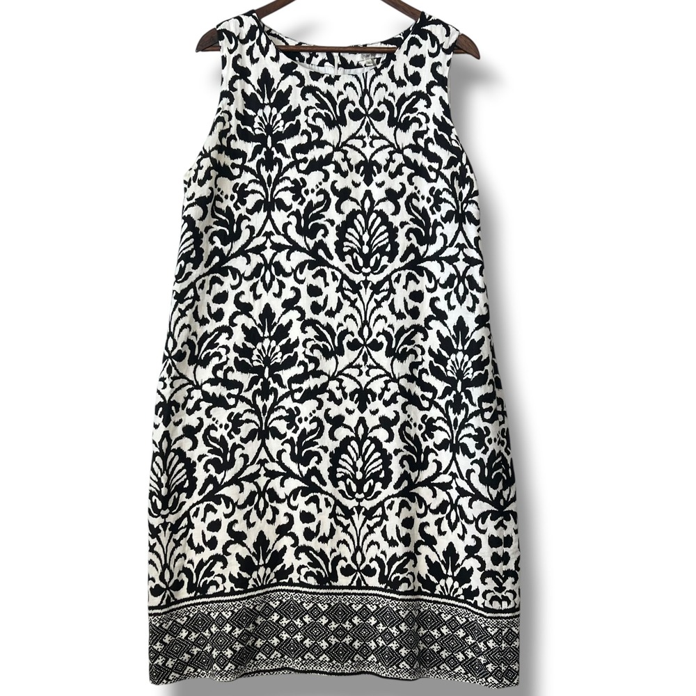 Tyler Boe Shift Dress XL Black White 100% Linen Damask Lined Boho Classic Preppy